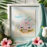 Poster Portrait de maison rose aquarelle<br><div class="desc">Cette charmante aquarelle d'une maison présente une maison blanche rose inspirée de l'architecture tropicale et du charme côtier. Créée par Victoria Grigaliunas, une artiste d'aquarelle de Palm Beach en Floride, cette pièce fait partie de sa collection d'aquarelles de Floride et capture l'essence de la vie au bord de la plage....</div>