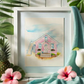 Poster Portrait de maison rose aquarelle