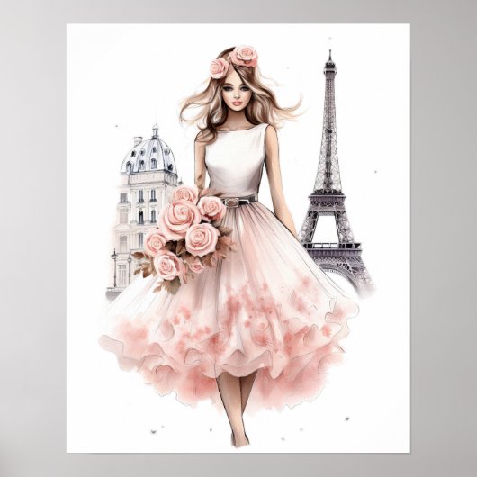 Poster Portrait de mode Paris Floral Pêche (Devant)