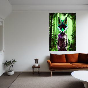 Poster Portrait de renard vert en vêtements verts Art A