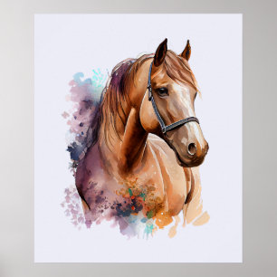 Poster Portrait de tête de cheval brun à l'aquarelle