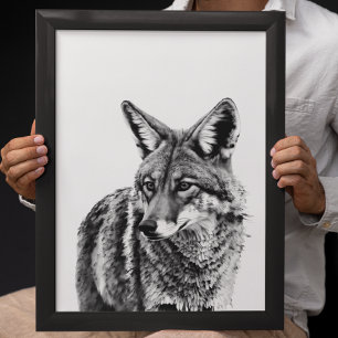 Poster Portrait de tête de coyote Animal blanc noir