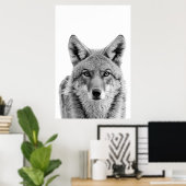 Poster Portrait de tête de coyote art Noir blanc (Bureau à domicile)