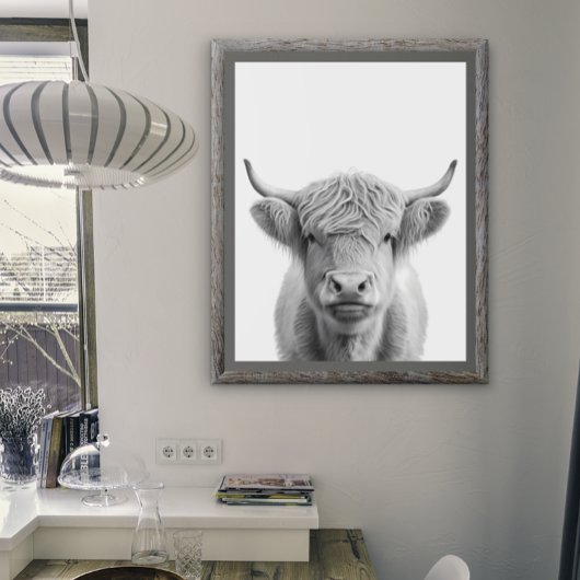 Poster Portrait de tête de vache des Highlands noir et bl