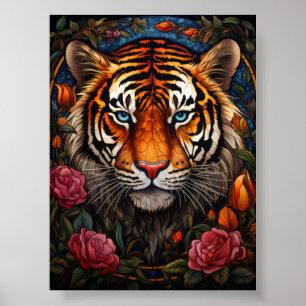 Poster Portrait de tigre en verre coloré avec des roses r