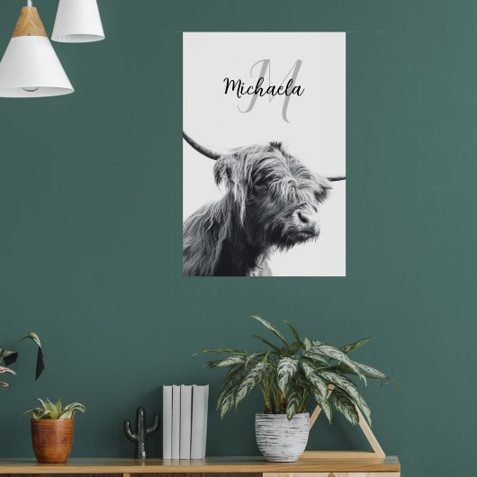 Poster Portrait de vache Highland premier monogramme noir (Salon 1)