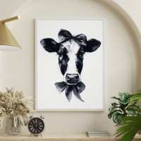 Portrait de vache noir et blanc mignon avec noeud