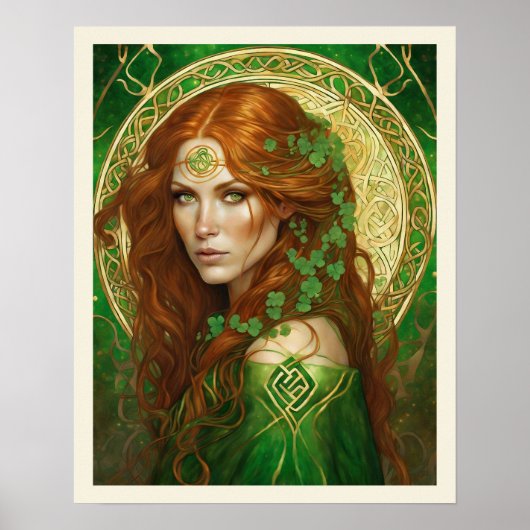 Poster Portrait d'une femme en or celtique Shamrock vert (Devant)