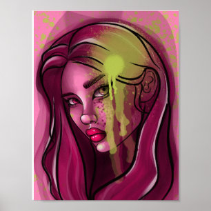 Poster Portrait d'une femme en pop art rose et jaune Impr