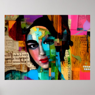 Poster Portrait d'une femme Média mixte Collage coloré