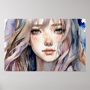 Poster Portrait d'une jeune fille pensive style aquarelle