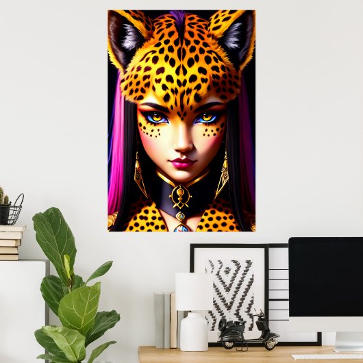 Poster portrait d'une Zoomorphale fille guépard | Art AI (Bureau à domicile)