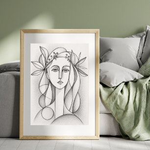 Poster Portrait Féminin Abstrait Dessin au Trait Cubist