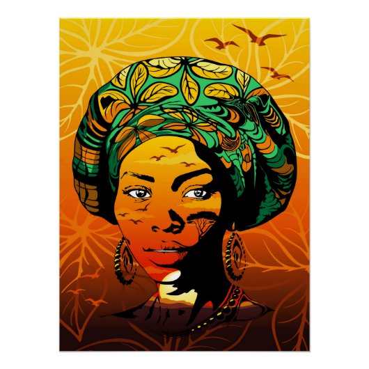 Poster Portrait féminin africain avec coucher de soleil (Devant)