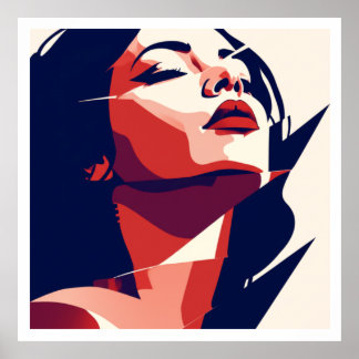 Poster Portrait féminin d'art moderne - Rouge et bleu géo