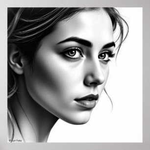 Poster Portrait féminin élégant - Charbon noir & blanc