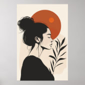 Poster Portrait féminin noir et blanc Soleil rouge (Devant)