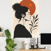 Poster Portrait féminin noir et blanc Soleil rouge (Bureau à domicile)