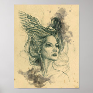 Poster Portrait femme oiseau crâne et ailes Art Surreal