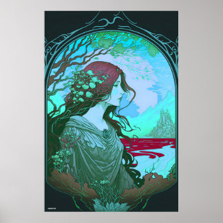 Poster Portrait femme vert art nouveau ai design sur