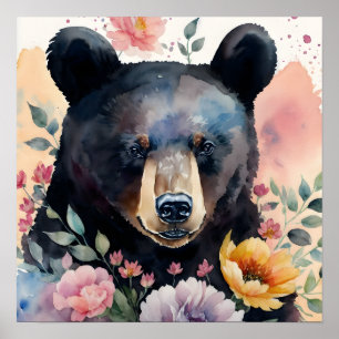 Poster Portrait floral de l'ours noir