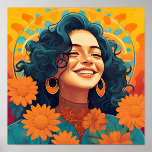 Poster Portrait floral d'une Mexicaine américaine radiant