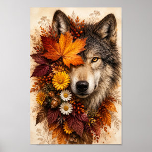 Poster Portrait Floral Illustration de Loup d'Automne dan