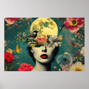 Poster Portrait Floral Lunaire Surréaliste