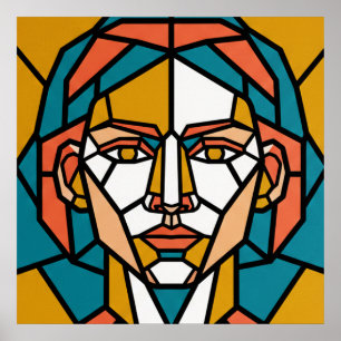 Poster Portrait géométrique en mosaïque ambre et sarcelle