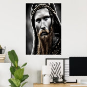 Poster Portrait noir blanc brun d'un viking | Art AI (Bureau à domicile)