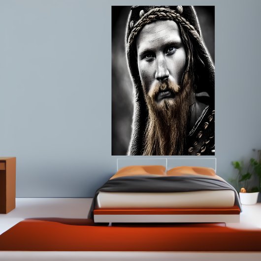 Poster Portrait noir blanc brun d'un viking | Art AI