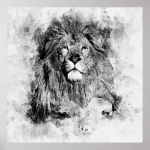 Poster Portrait noir et blanc du lion mâle
