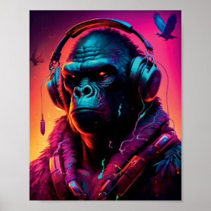Poster Portrait Of Gorilla Wearing A Headphones