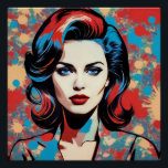 Poster Portrait pop art rétro<br><div class="desc">Ce portrait est une œuvre d'art numérique dans le style pop art, représentant un portrait féminin avec une coiffure rétro. L'œuvre présente des couleurs vives et contrastées, principalement du rouge, du bleu et du noir, sur un fond abstrait avec des formes circulaires colorées. Le style évoque les illustrations glamour des...</div>