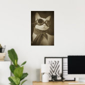Poster Portrait sépia de chat aviateur Steampunk (Bureau à domicile)