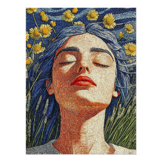 Poster Portrait texturé Femme de cheveux bleu Fleurs jaun