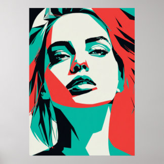 Poster Portrait Turquoise et rouge femme - Graphi moderne
