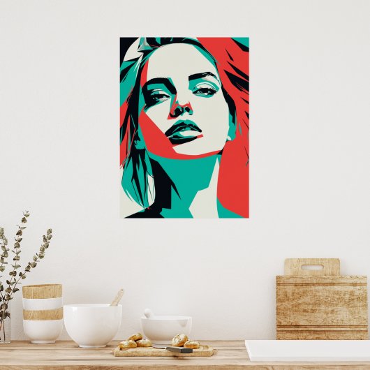 Poster Portrait Turquoise et rouge femme - Graphi moderne (Cuisine)