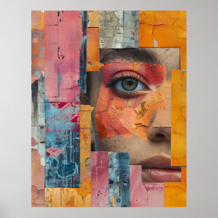 Poster Portrait vibrant collage au visage à la peinture f