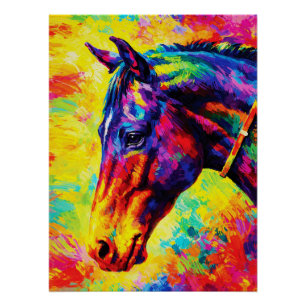 Poster Portrait vibrant de cheval à l'impasto coloré sauv