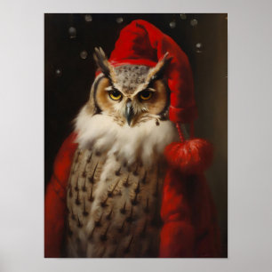Poster Portrait vintage de hibou de Noël Santa, Animaux h