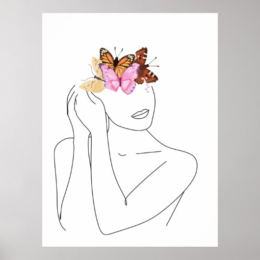 Poster Portrait visage de femme et papillons Line Pos (Devant)