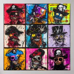 Poster Portraits colorés de crâne de pirate Gravure gratt