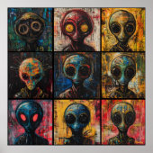 Poster Portraits d'aliens abstraits dans une grille de gr (Devant)