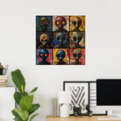 Poster Portraits d'aliens abstraits dans une grille pop a (Bureau à domicile)
