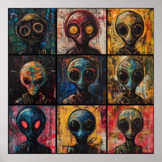 Poster Portraits d'aliens abstraits dans une grille pop a (Devant)