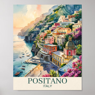 Poster Positano Italie Côte Amalfitaine Paysage Aquarelle