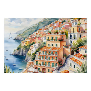 Poster Positano : Le charme de l'aquarelle sur la côte am