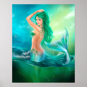 Poster Poster-Belle sirène à l'océan sur les vagues