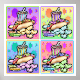 Poster Poster, Imprimés - Pop Art Hot Dog avec Chips & un